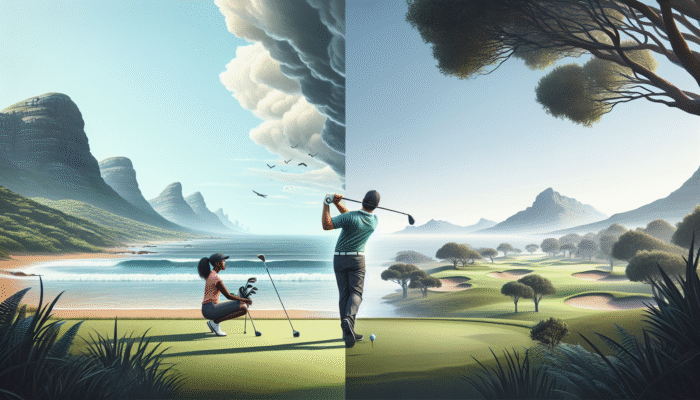 How to Improve Golf Swing Adaptability: Golfer adjusting swing on coastal course in Durban, contrasting calm inland course in Cape Town.