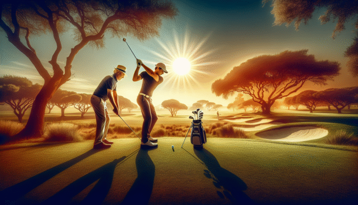 A South African golf pro coaching a player on swing adaptability on a lush course under the African sun.