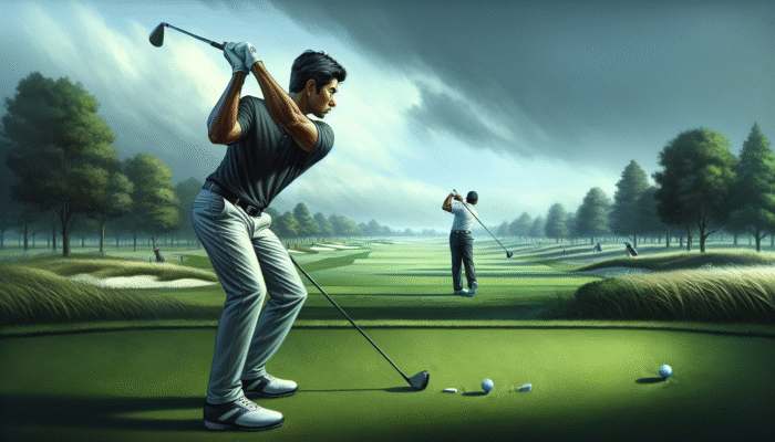 Golfer observing professional adapting swing at local tournament in challenging weather.
