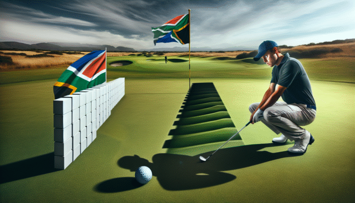 How to Overcome Golf Mental Blocks: A South African golfer confronting mental blocks, symbolized by an invisible barrier and looming shadows of doubt and fear on the green.