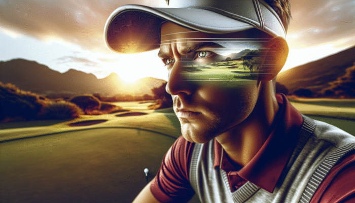 A South African golfer at sunrise, visualizing the course and using deep breathing to transform anxiety into confidence.