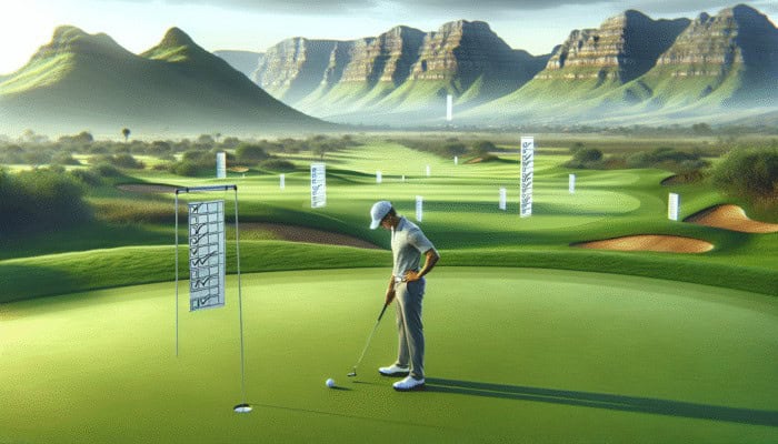 A South African golfer focusing on a putt on a lush green course, with distant mountains and floating checklists symbolizing small, achievable goals.