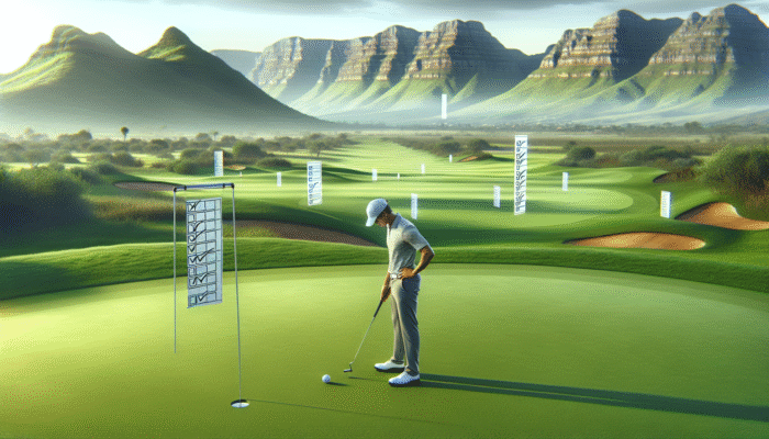 A South African golfer focusing on a putt on a lush green course, with distant mountains and floating checklists symbolizing small, achievable goals.
