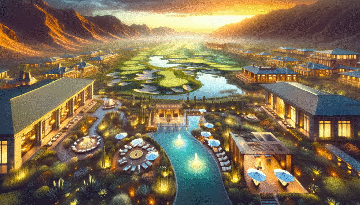Panoramic view of Eagle Canyon Golf Club's luxurious facilities at sunset.