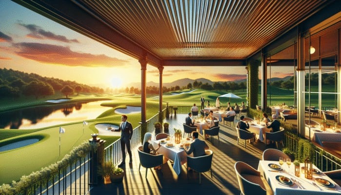 Elegant diners enjoying gourmet local dishes on a golf club terrace at sunset.