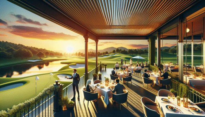 Elegant diners enjoying gourmet local dishes on a golf club terrace at sunset.
