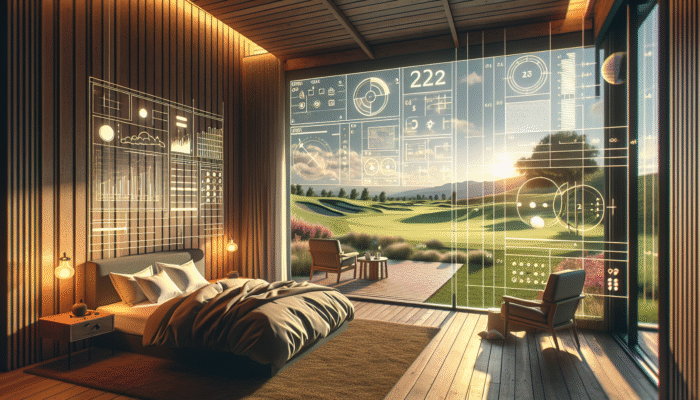 Cozy golf resort room with plush bedding and a view of lush green fairways.