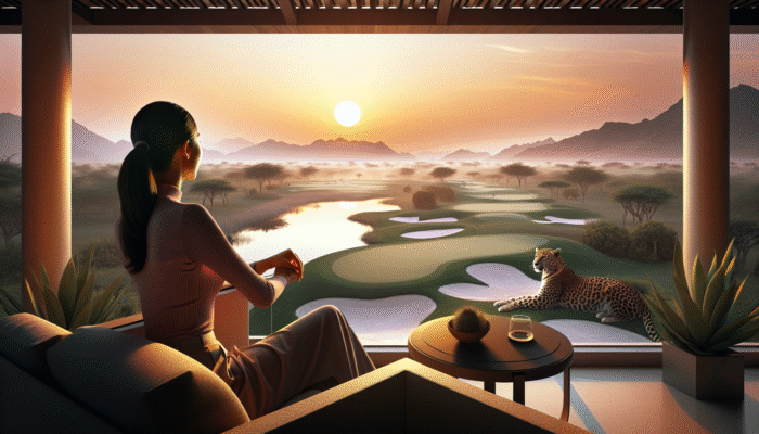 Golfer enjoying a sundowner on a patio with a view of a lush golf course and wildlife at sunset.