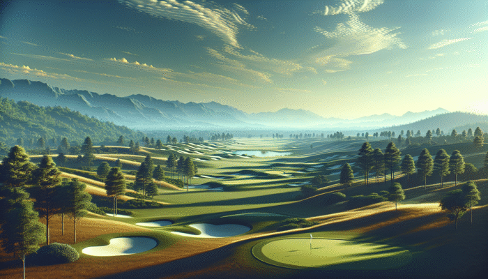 A serene golf course at Mthatha Country Club with lush green fairways and distant mountains.