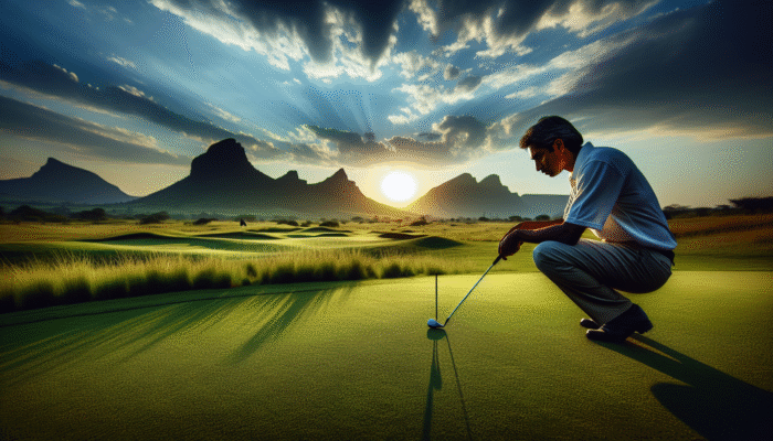 Golfer analyzing South African green's contours at sunset with mountains in the background.