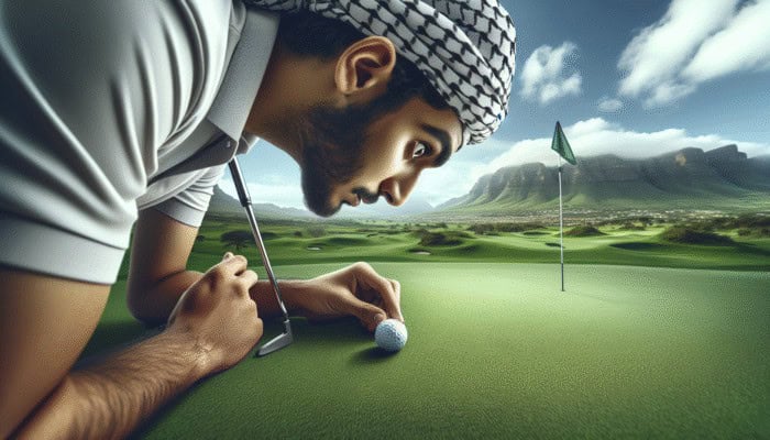 A golfer analyzing the fringe of a green in South Africa to strategize putt speed and break.