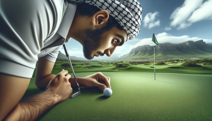 A golfer analyzing the fringe of a green in South Africa to strategize putt speed and break.