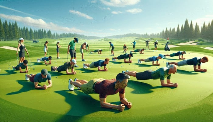 Best Golf Core Strength Exercises: A diverse group of golfers doing side and forearm planks on a golf course, enhancing core strength.