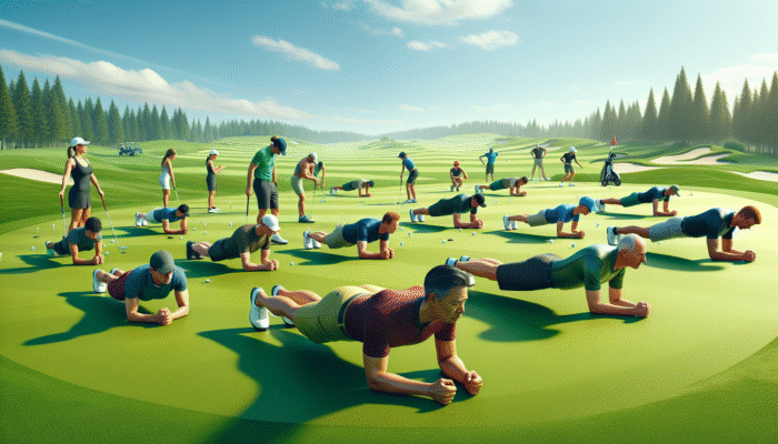 Best Golf Core Strength Exercises: A diverse group of golfers doing side and forearm planks on a golf course, enhancing core strength.