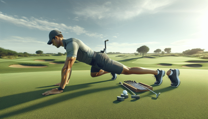 A golfer doing core workouts on a green course under a blue sky, enhancing performance.