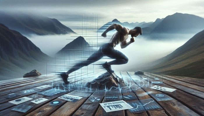 A person performing mountain climbers on a misty mountain top, demonstrating core strength and cardiovascular fitness.