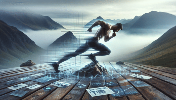 A person performing mountain climbers on a misty mountain top, demonstrating core strength and cardiovascular fitness.