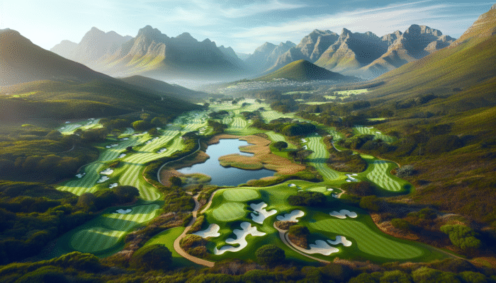 Aerial view of South African golf courses, showcasing challenging layouts and stunning natural surroundings.