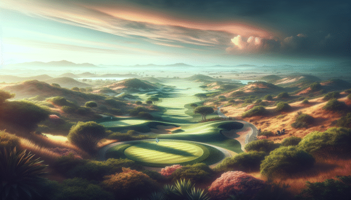 Panoramic view of Gary Player Country Club at Sun City, challenging golf course at sunset.