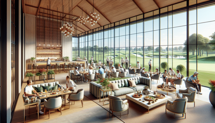 Luxurious Gary Player Country Club clubhouse with golfers enjoying gourmet meals and scenic golf course views.