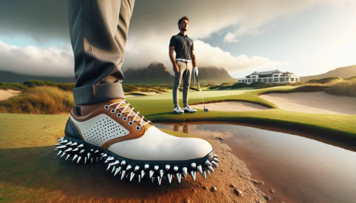 Golfer in stylish spiked shoes on varied South African terrain, showcasing grip and stability.