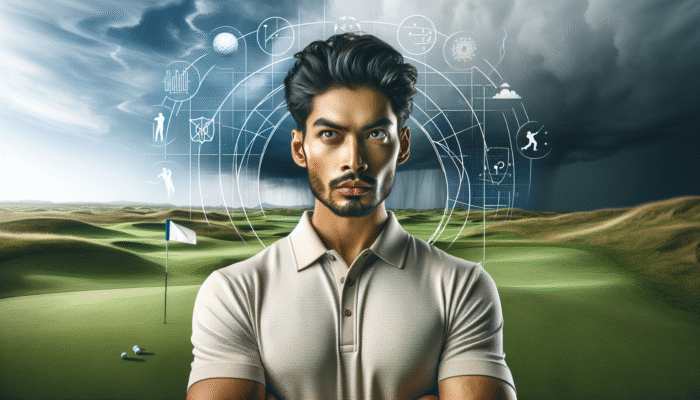 How to Improve Golf Mental Toughness: A golfer demonstrating mental toughness on a challenging course with changing weather conditions.
