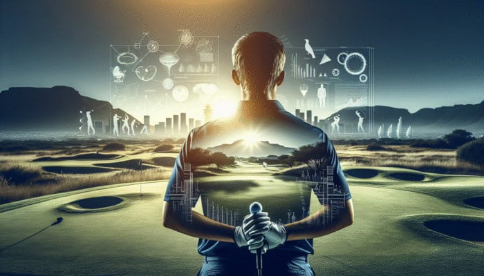 A South African golfer at dawn on a golf course, practicing mental exercises for enhanced performance.