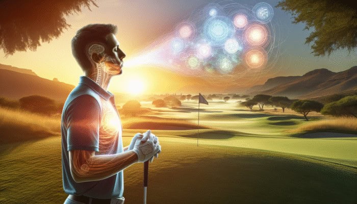 A South African golfer practicing deep breathing at sunrise on a golf course, with affirmations in the sky.