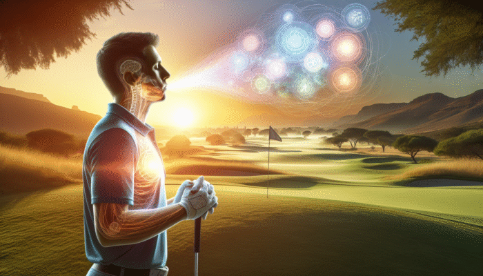 A South African golfer practicing deep breathing at sunrise on a golf course, with affirmations in the sky.