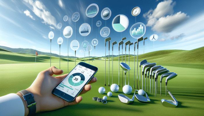 Golfer using smartphone app to analyze handicap data, surrounded by golf clubs on a green course.