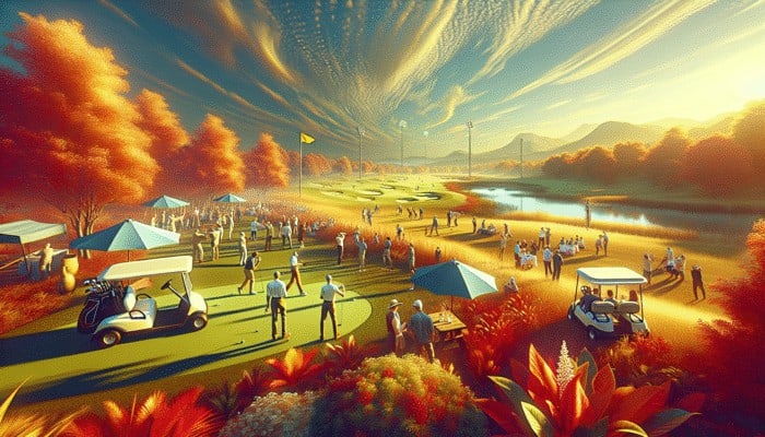 How to Host a Golf Party: A vibrant golf party in South Africa during autumn, with guests enjoying mild weather on a lush course under a golden sky.