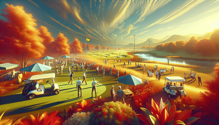 How to Host a Golf Party: A vibrant golf party in South Africa during autumn, with guests enjoying mild weather on a lush course under a golden sky.