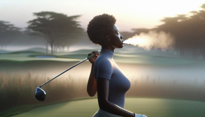 Best Golf Concentration Exercises: Golfer at dawn on serene course, focused and calm, using diaphragmatic breathing.