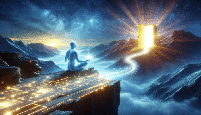 A person meditating on a mountaintop at sunrise with a glowing aura and a path of light leading to an unlocked radiant door.