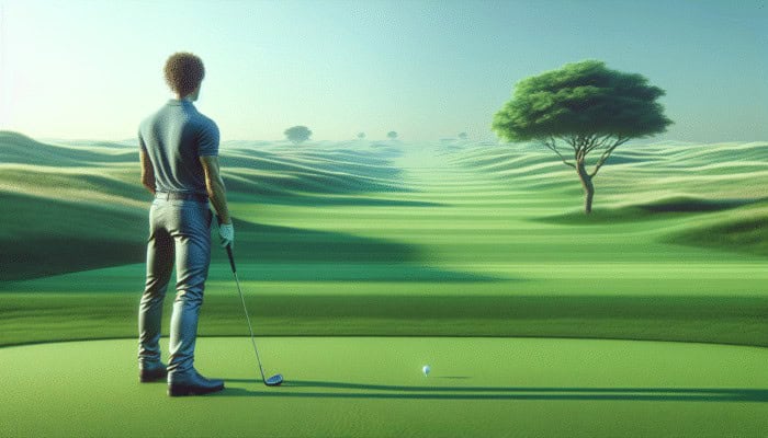 Golfer focusing on a distant tree as a visual cue on a lush green course.