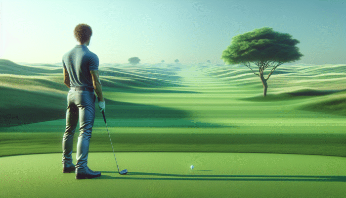 Golfer focusing on a distant tree as a visual cue on a lush green course.