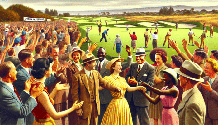 A 1948 scene at Bryanston Golf Club's founding, showing golfers and community celebrating in Johannesburg's northern suburbs.