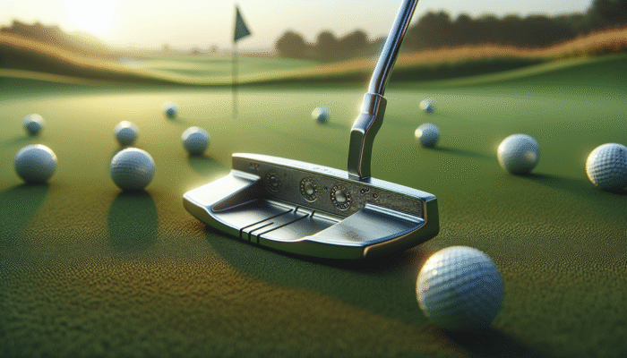 How to Choose a Beginner Putter: A classic blade putter on a green golf course, reflecting sunlight, surrounded by golf balls.
