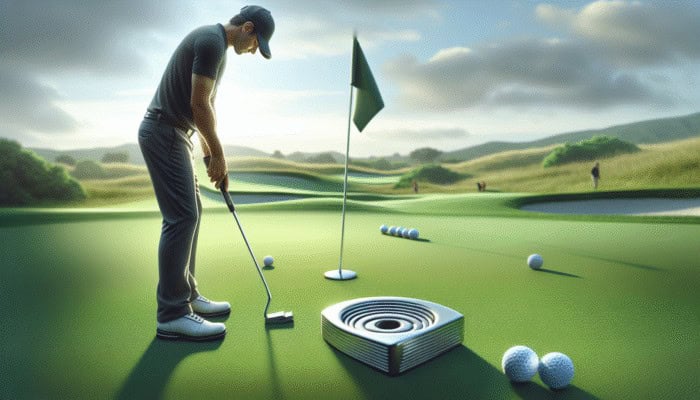 Golfer testing soft rubber and firm metal putter face inserts on a green, focusing on feedback and sound.