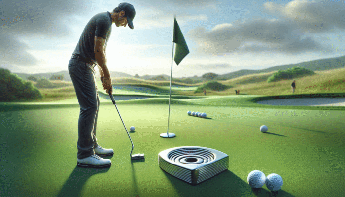 Golfer testing soft rubber and firm metal putter face inserts on a green, focusing on feedback and sound.