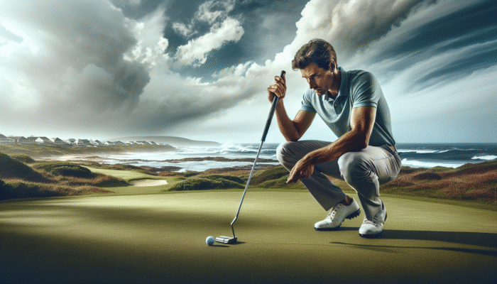 Golfer using mallet putter on fast green at coastal South African course with ocean views under windy sky.