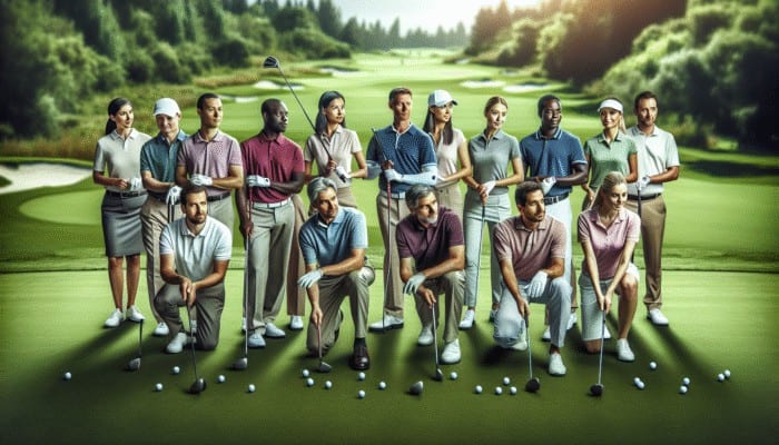 Strategies for Golf Scramble Formats: A diverse golf team on a lush course, showcasing strategic skill balance and teamwork.