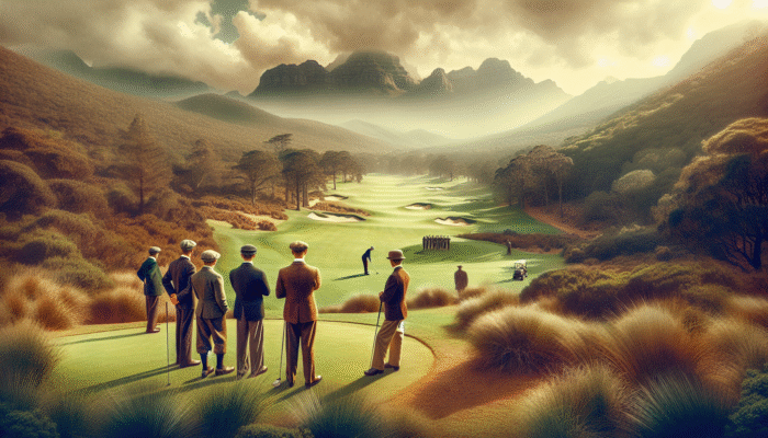 Historic Maidstone Golf Club in South Africa, early 20th century, lush fairways, scenic backdrop, vibrant community.