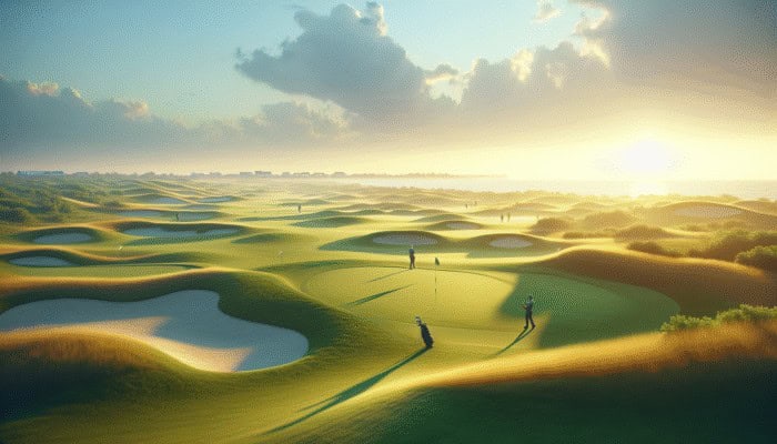 Early morning at Maidstone Golf Club with golfers on lush fairways, ocean views, golden light.