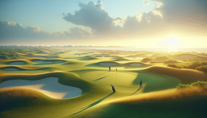 Early morning at Maidstone Golf Club with golfers on lush fairways, ocean views, golden light.