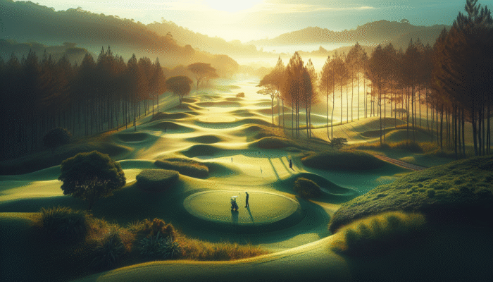A serene dawn at Maidstone Golf Club with groundskeepers meticulously manicuring vibrant greens and fairways.