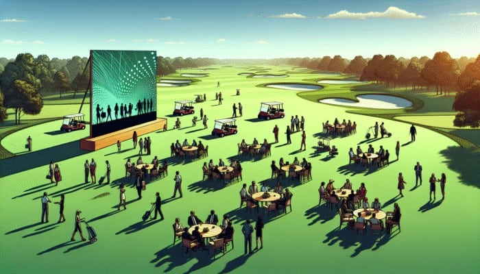 A busy event planning scene at a golf course with groups negotiating discounts and a social media screen showing marketing strategies.