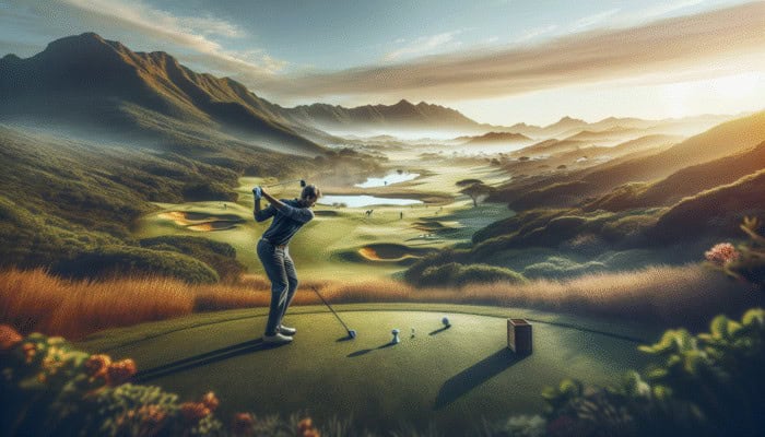 Tips for Better Golf Ball Striking: Golf player at Fancourt, feet shoulder-width apart, balancing on undulating terrain, preparing swing.