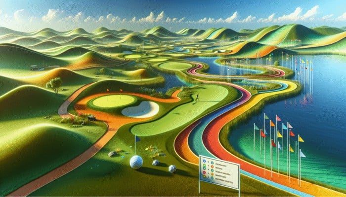 A vibrant golf course with unique paths, colorful flags, and innovative water hazards amidst lush greenery.