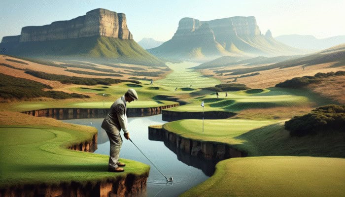 Golfer at Soutpansberg's 7th hole, choosing club with steep incline and water hazard, scenic views.